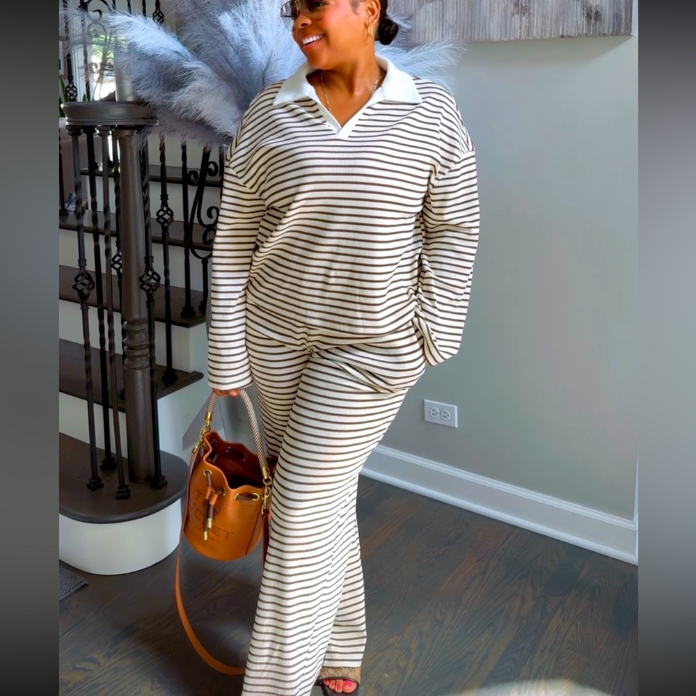Striped Collared Lounge Pantsuit - Cream & Black